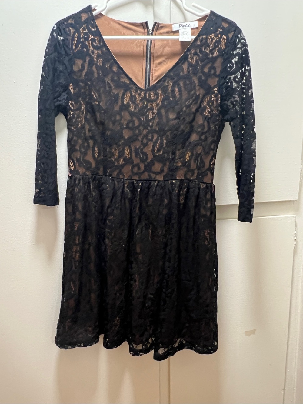 Pinky Black Lace Long-Sleeve Fit & Flare Dress with Nude Lining